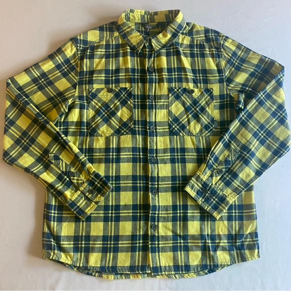 Stio Miter Lightweight Flannel Shirt Mens Large Lightning Bug Plaid Yellow Blue - Picture 2 of 14